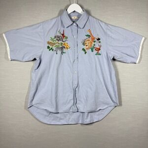 Vintage Smithsonian Denim Shirt Womens XL Blue Embroidered Wild Animals Africa